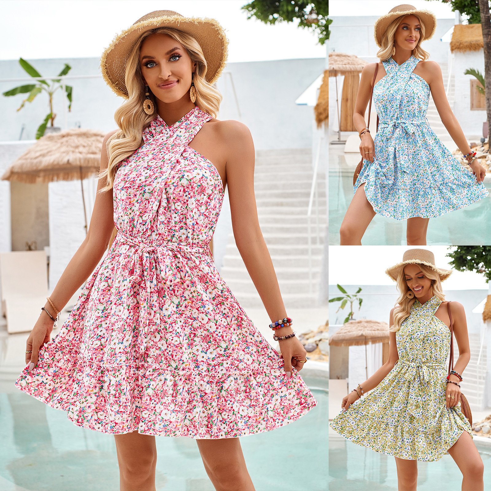 Domica Hot selling summer new neck hanging printing waist cinching dress cross-border women's casual dress