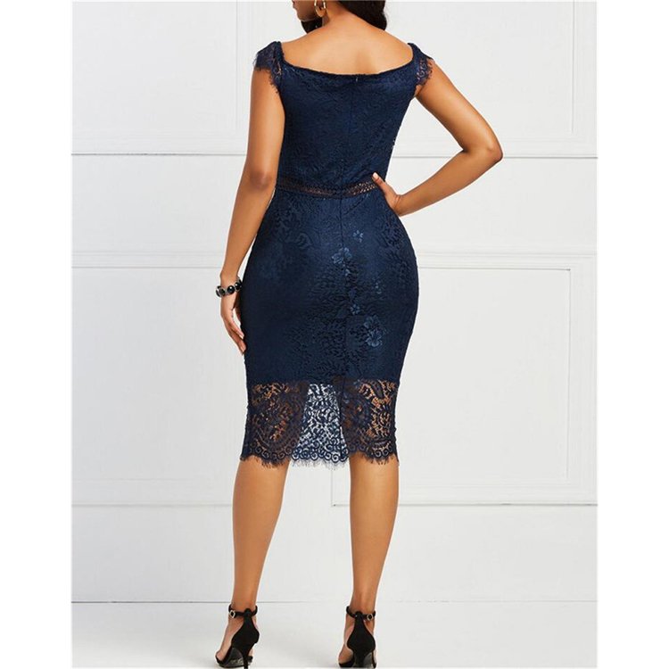 Casual Dress New Summer Slash Neck Bodycon Lace Ladies Wholesale Red Blue Midi Summer Spring Pencil 2 Pieces Square Collar