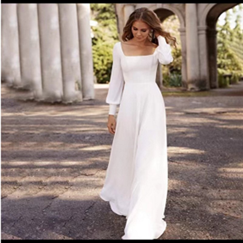 French Satin Light Summer New Simple Mori Style Long Sleeve Super Fairy Trip Shoot Bridal Wedding White Dress
