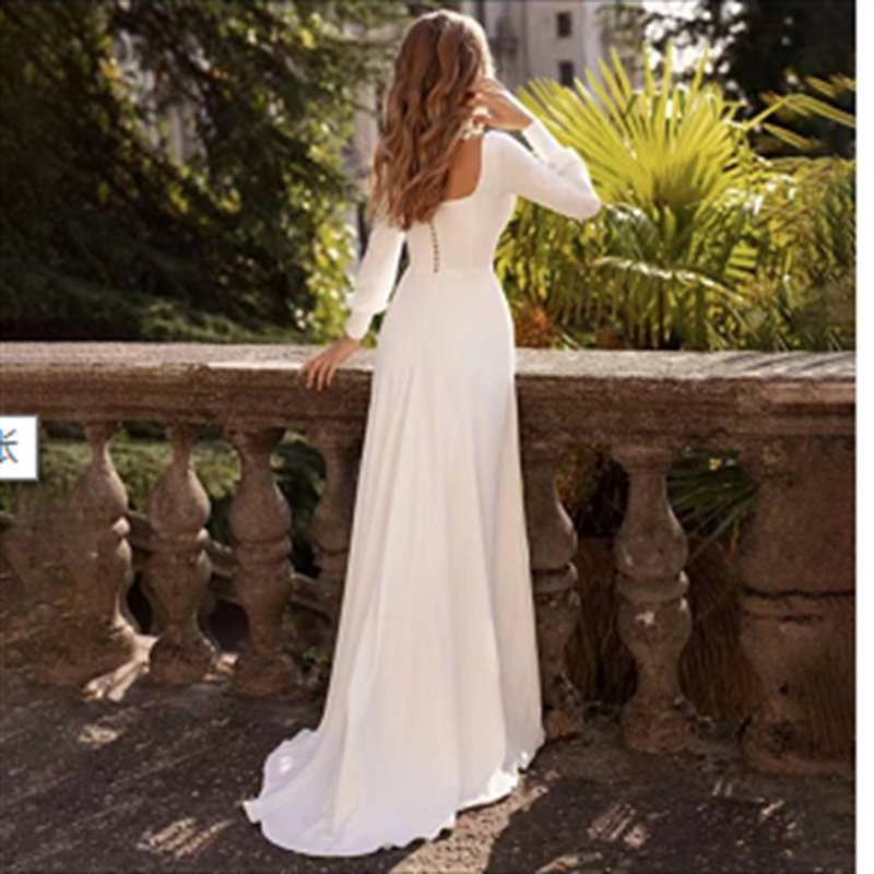 French Satin Light Summer New Simple Mori Style Long Sleeve Super Fairy Trip Shoot Bridal Wedding White Dress