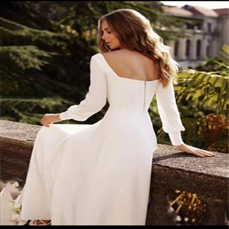 French Satin Light Summer New Simple Mori Style Long Sleeve Super Fairy Trip Shoot Bridal Wedding White Dress