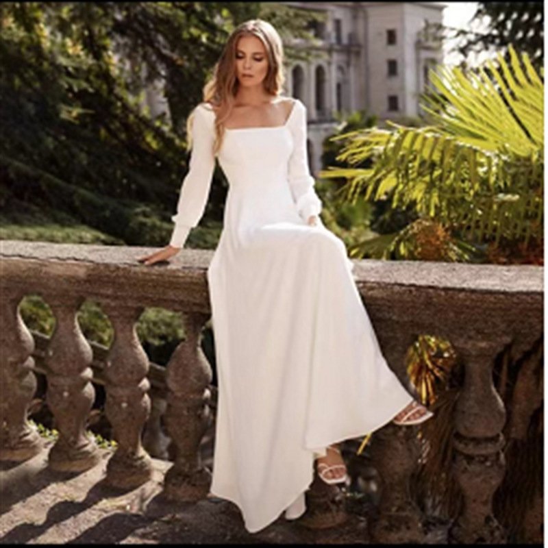 French Satin Light Summer New Simple Mori Style Long Sleeve Super Fairy Trip Shoot Bridal Wedding White Dress