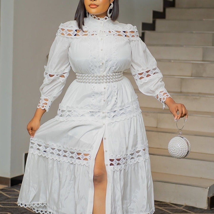 Wholesale White Plus Size Dress Ladies Long Sleeve Hollow Stitching Midi Beach Dress Ladies Loose Casual Long Dresses