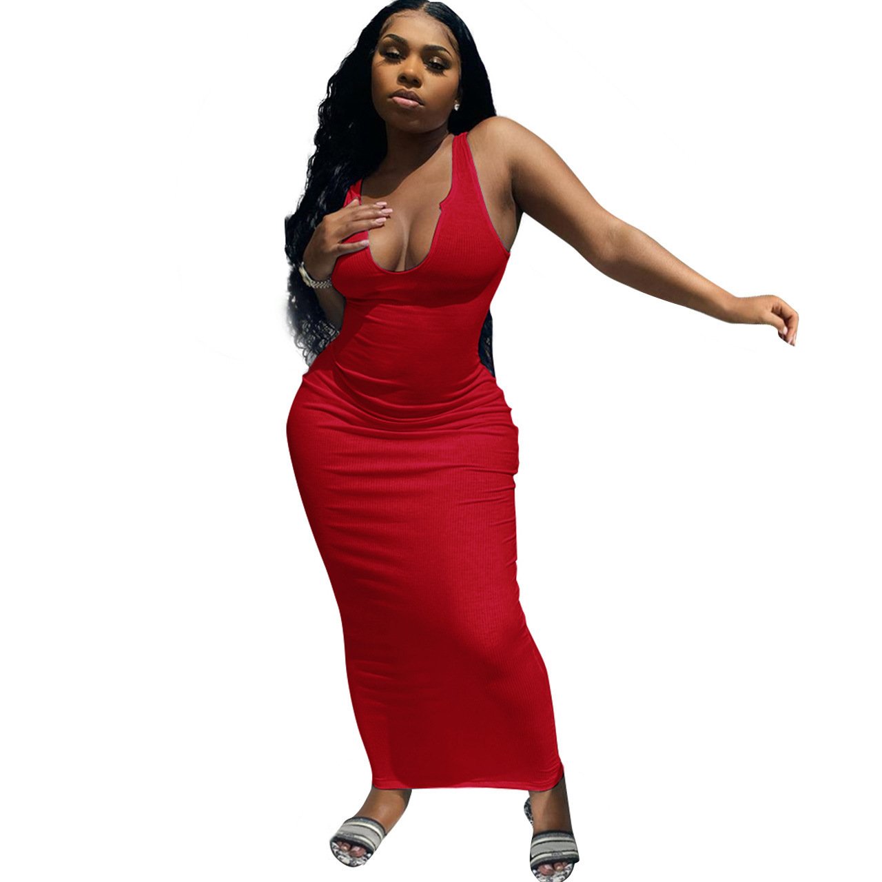 MD003 2021 Round Neck Sleeveless Bodycon Maxi Elegant Women Summer Party Long Casual Dress