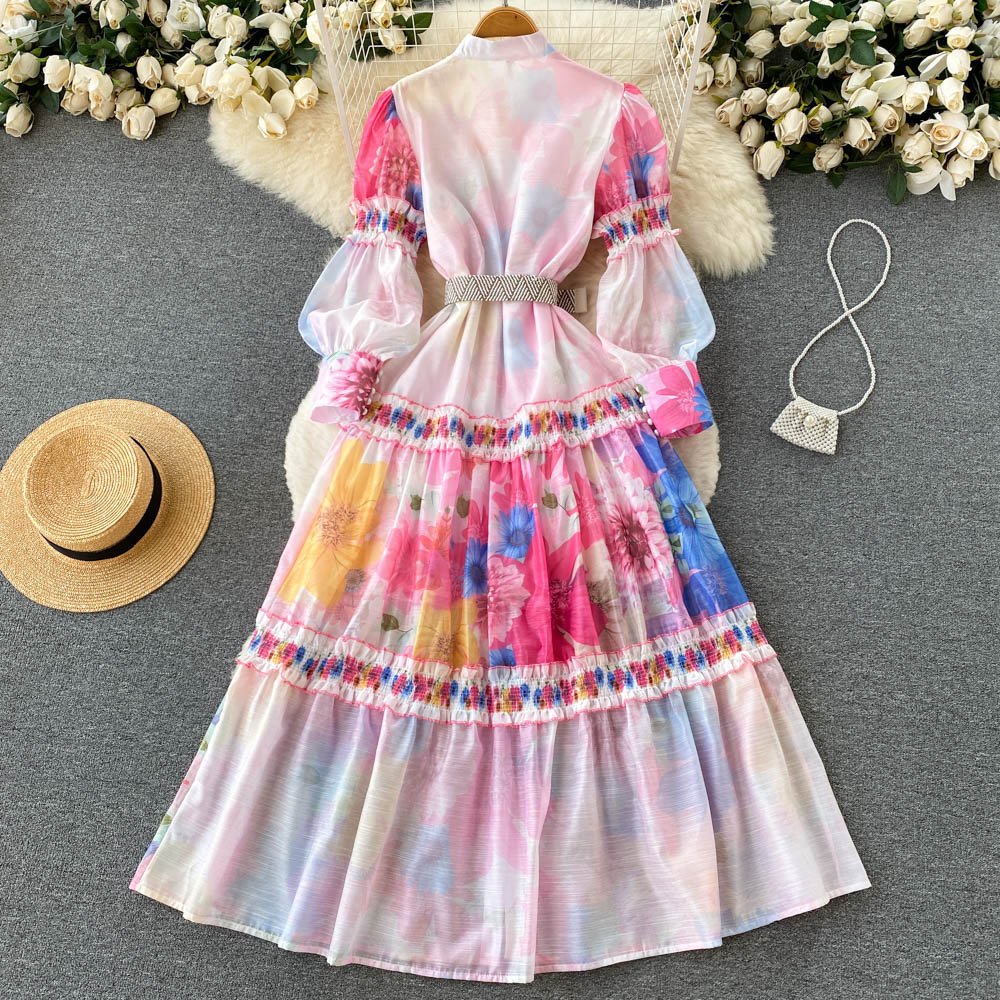 Eurobrand Ethnic Style Big Swing Print Dress Belt Buttons Lantern Sleeves Ruffles Dress Women Temperament A-line Prom Dress