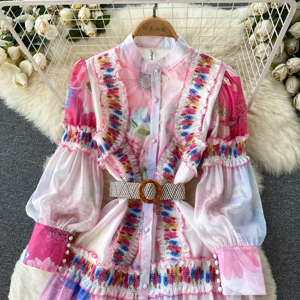 Eurobrand Ethnic Style Big Swing Print Dress Belt Buttons Lantern Sleeves Ruffles Dress Women Temperament A-line Prom Dress