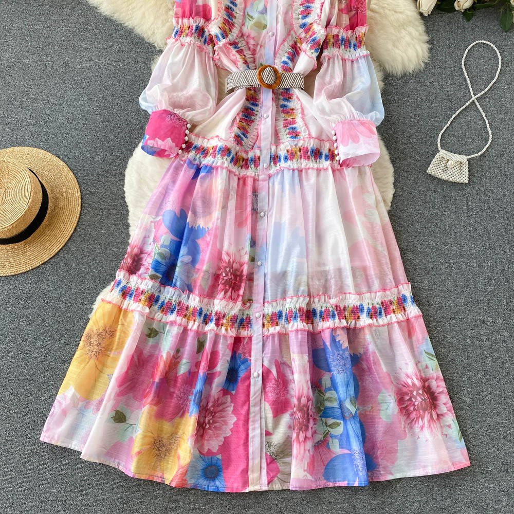 Eurobrand Ethnic Style Big Swing Print Dress Belt Buttons Lantern Sleeves Ruffles Dress Women Temperament A-line Prom Dress