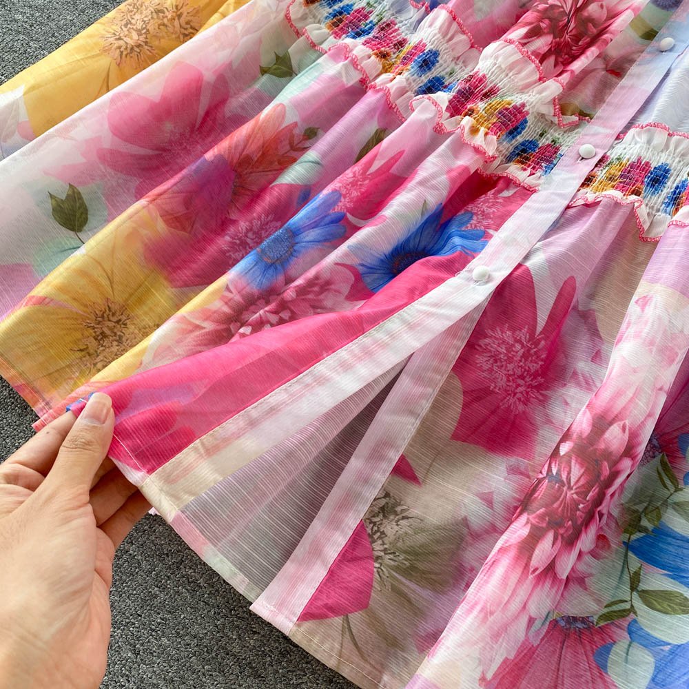 Eurobrand Ethnic Style Big Swing Print Dress Belt Buttons Lantern Sleeves Ruffles Dress Women Temperament A-line Prom Dress