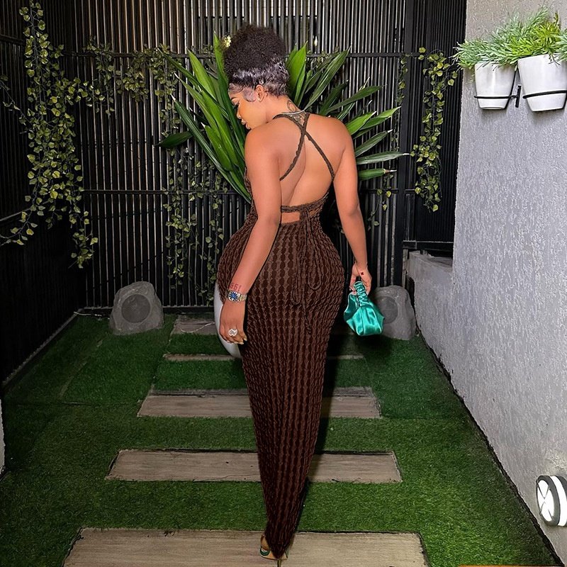 K23D26525 New fashion summer clothes hot girl textured casual dresses bodycon cami maxi dress backless sexy dresses women