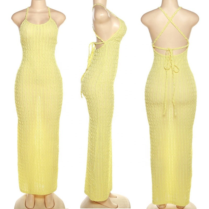 K23D26525 New fashion summer clothes hot girl textured casual dresses bodycon cami maxi dress backless sexy dresses women