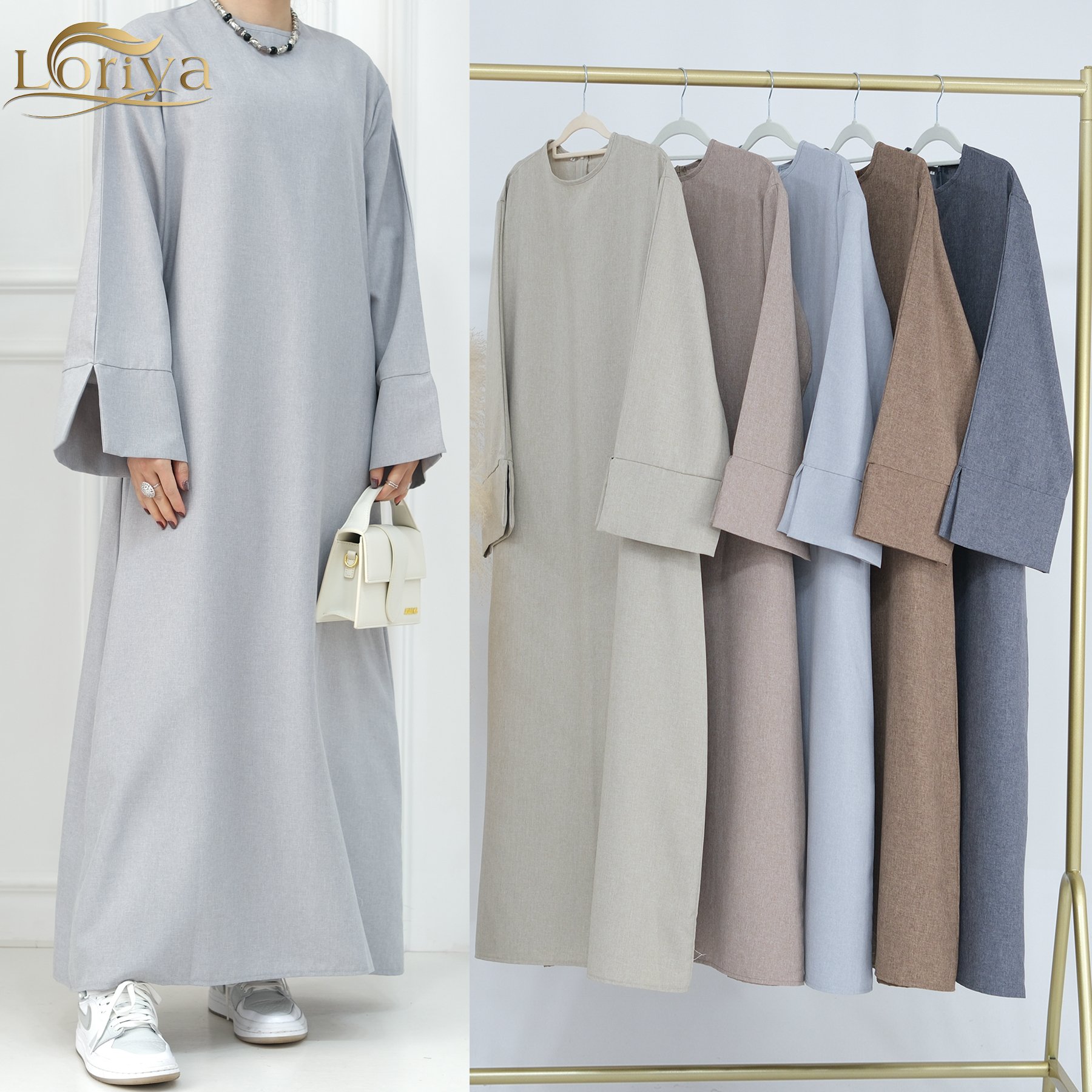 Loriya Solid Color Plain Closed Abaya Straight Slit Sleeves Linen Women Casual Abaya Women Muslim Dress Abaya Dubai 2024