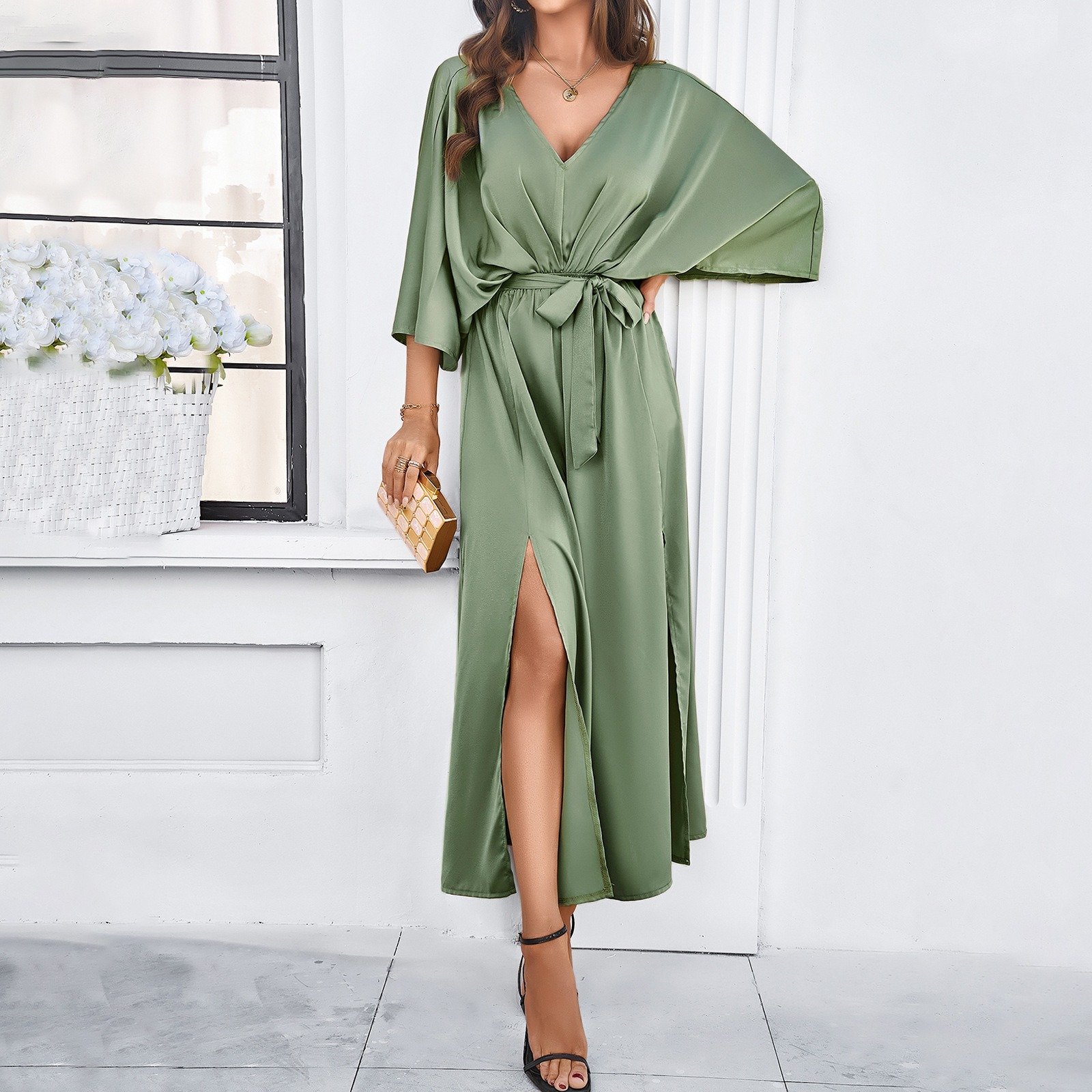Casual Dresses D941 New Arrival 2024 Fashion V Neck Belted Long Elegant for Summer Women Digital Printing Floral Print ODM Maxi