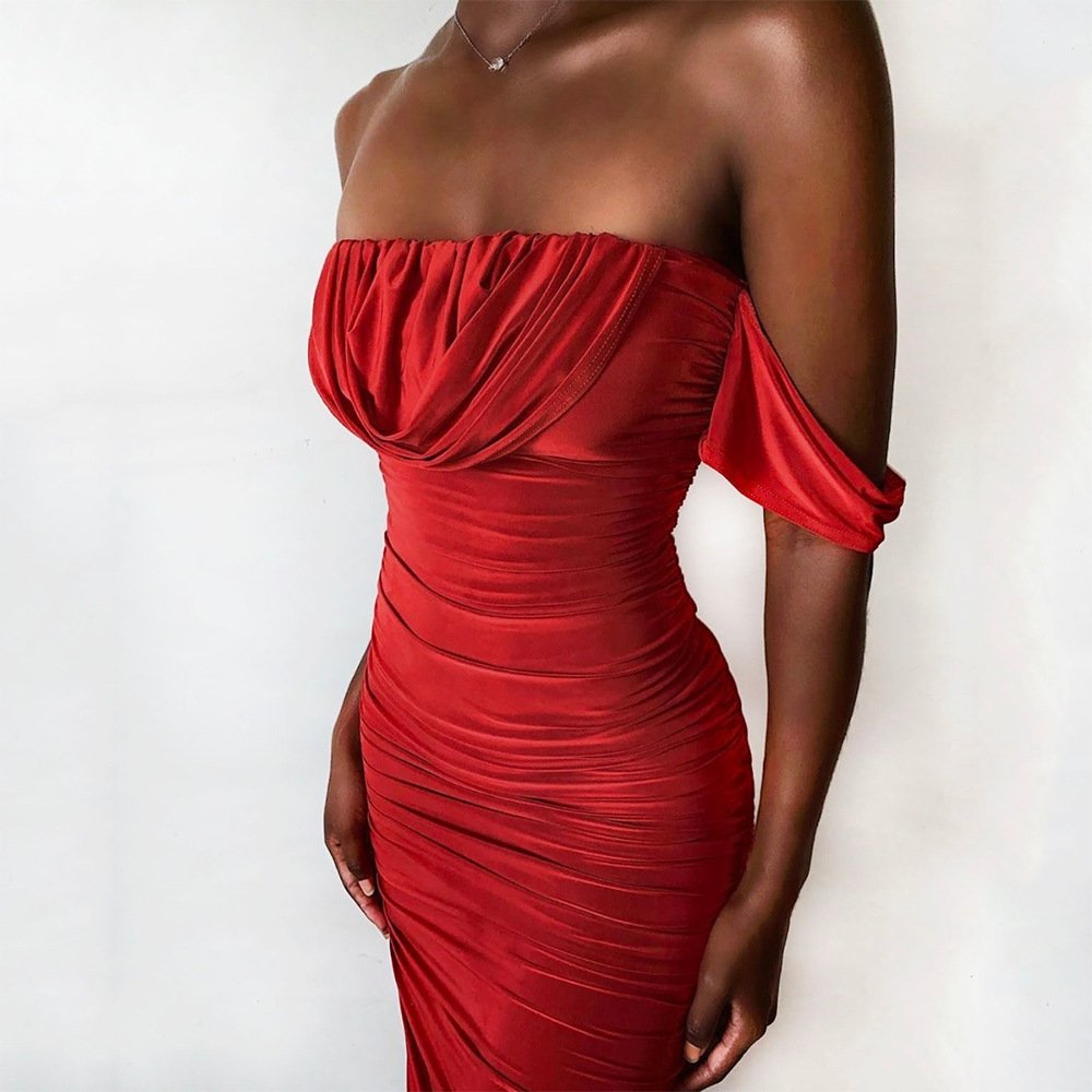 Liu Ming New Spring Women Sexy Off Shoulder Backless Solid Color Party Mesh Pleated Bodycon Midi Dress