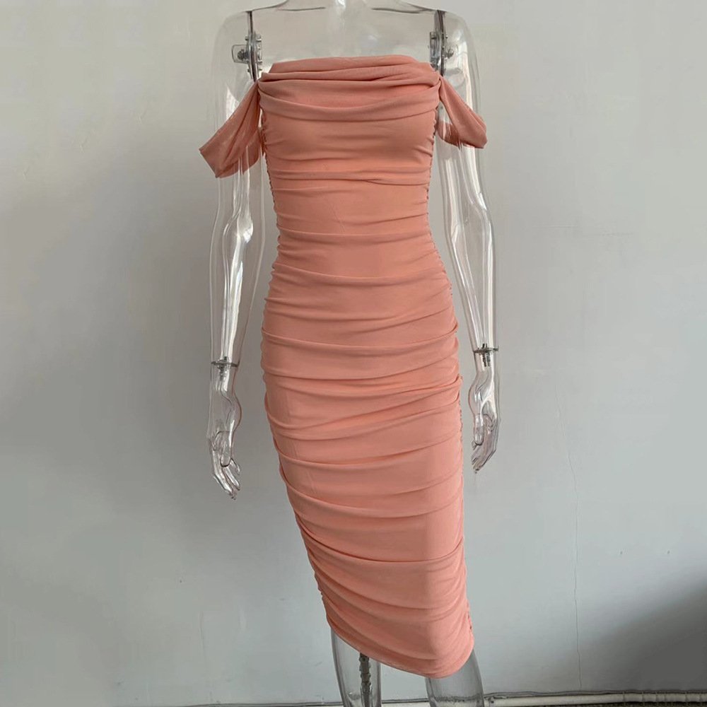 Liu Ming New Spring Women Sexy Off Shoulder Backless Solid Color Party Mesh Pleated Bodycon Midi Dress
