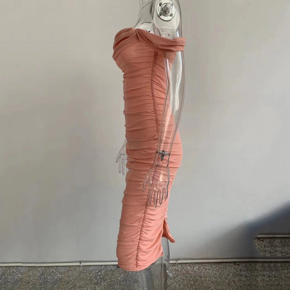 Liu Ming New Spring Women Sexy Off Shoulder Backless Solid Color Party Mesh Pleated Bodycon Midi Dress