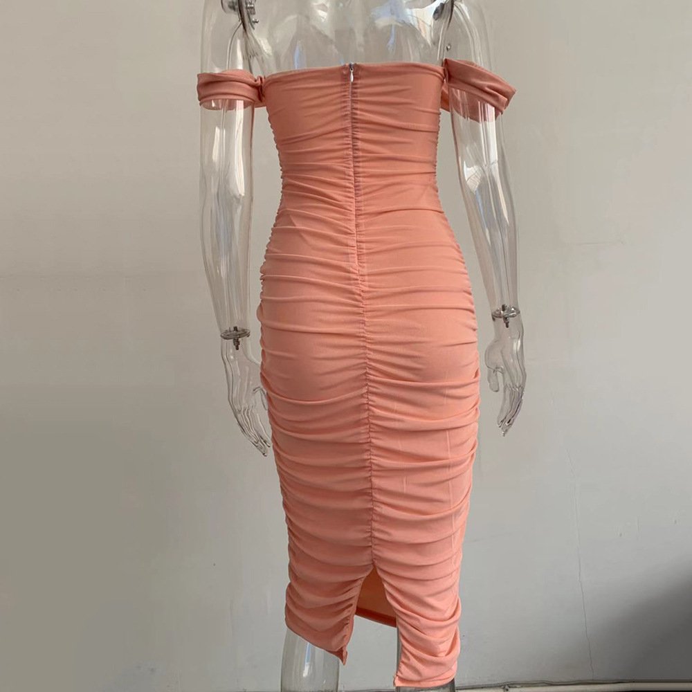 Liu Ming New Spring Women Sexy Off Shoulder Backless Solid Color Party Mesh Pleated Bodycon Midi Dress