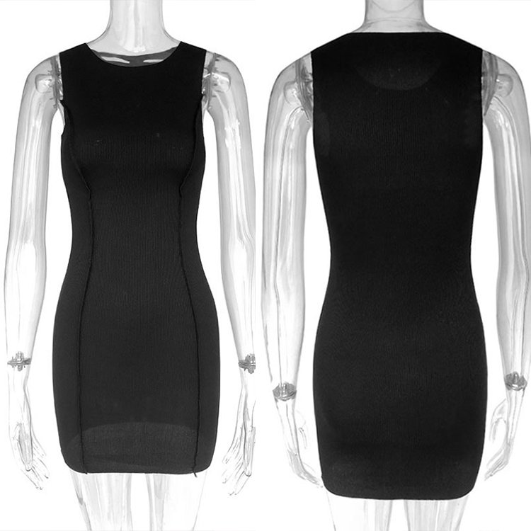 Fashion Plain Butt-Lift Stitching One Piece Party Sexy Black Short Dress Casual O Neck Sleeveless Knit Bodycon Dress Women