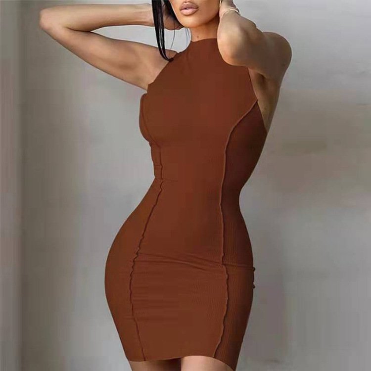 Fashion Plain Butt-Lift Stitching One Piece Party Sexy Black Short Dress Casual O Neck Sleeveless Knit Bodycon Dress Women