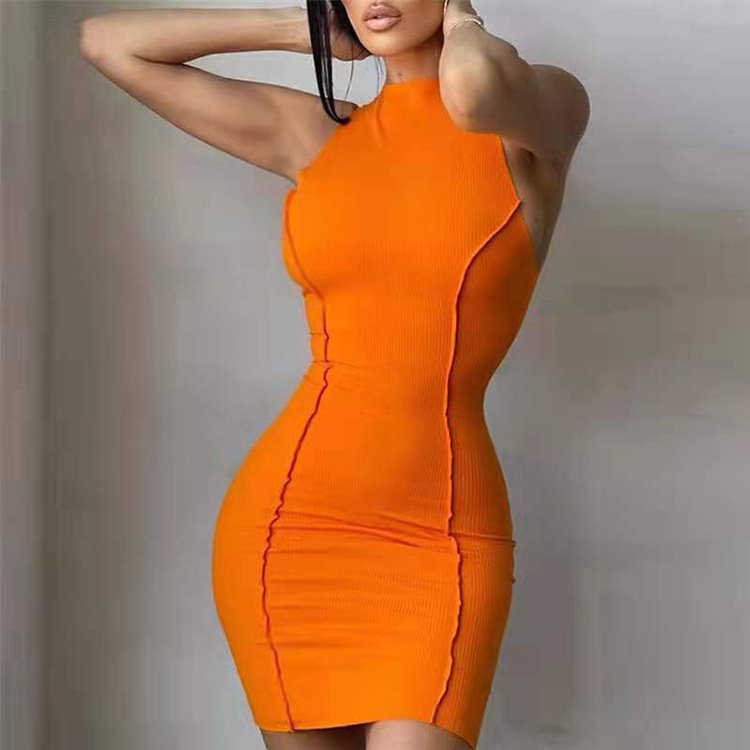 Fashion Plain Butt-Lift Stitching One Piece Party Sexy Black Short Dress Casual O Neck Sleeveless Knit Bodycon Dress Women