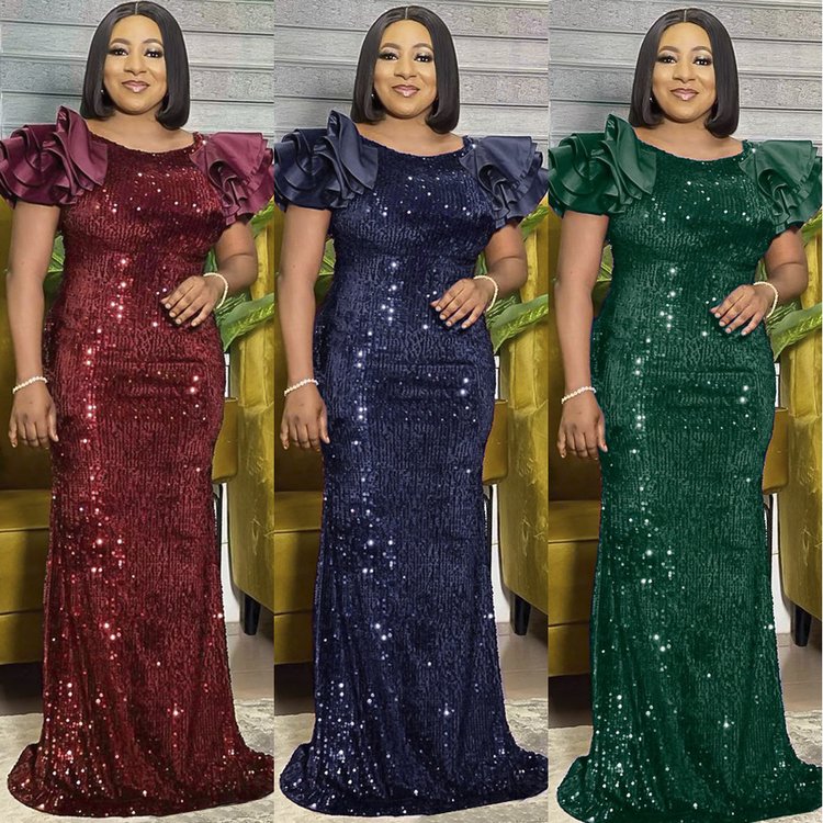 Fashion sexy ladies ruffle collar evening luxury long skirt African plus size women's clothing long sequin fishtail dress