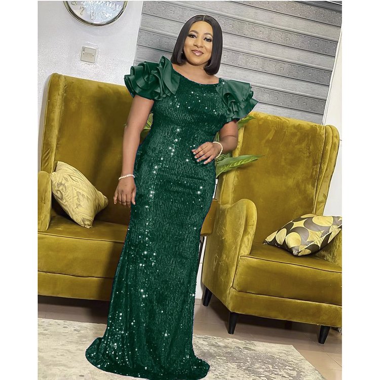 Fashion sexy ladies ruffle collar evening luxury long skirt African plus size women's clothing long sequin fishtail dress