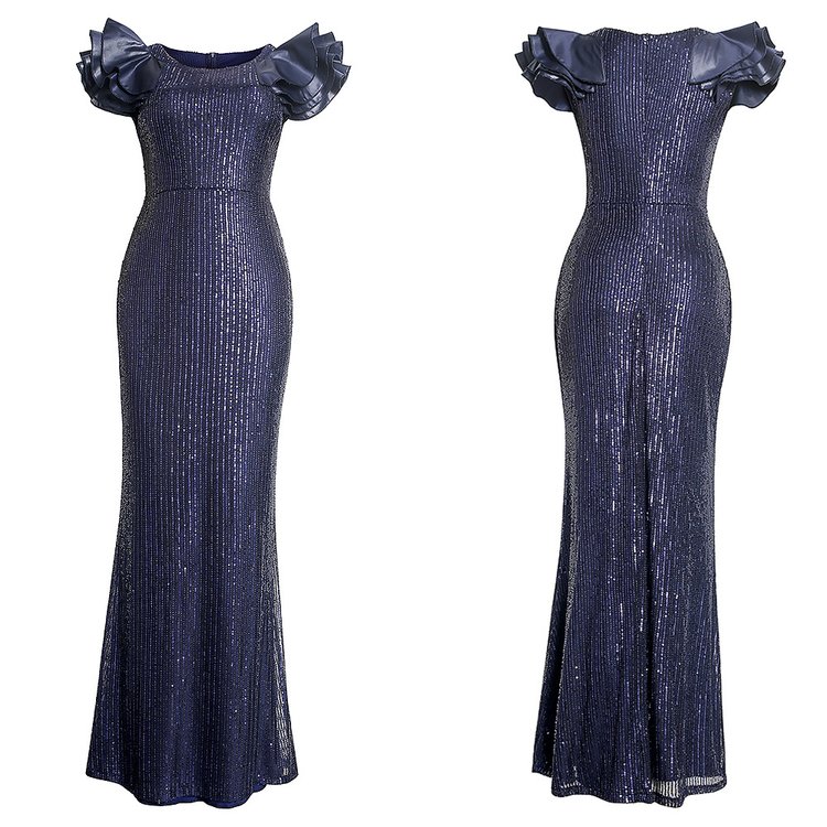 Fashion sexy ladies ruffle collar evening luxury long skirt African plus size women's clothing long sequin fishtail dress