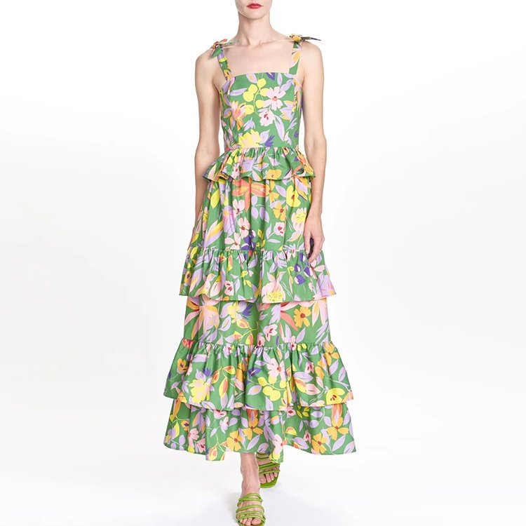 2024 Women Clothes High End Dress V-neck Cotton Printing Floral Boho Elegant Chiffon Ruffle Long Maxi Casual Dresses For Women