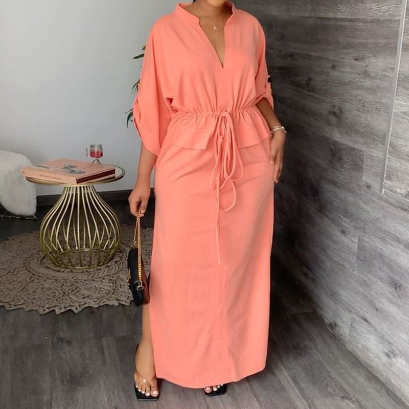 New Arrivals 2024 orange Elegant Lady Sleeveless Lace Up Midi Dress Slit Slim Fit Business Streetwear Casual Dress