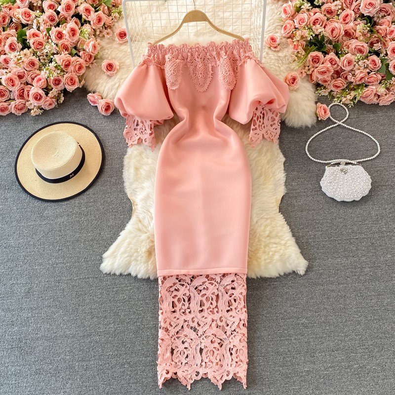 Sexy Hollow Out Lace Bodycon Long Dress Women Elegant Red/Pink/White Boat Neck Patchwork Maxi Party Vestidos 2023 Autumn New