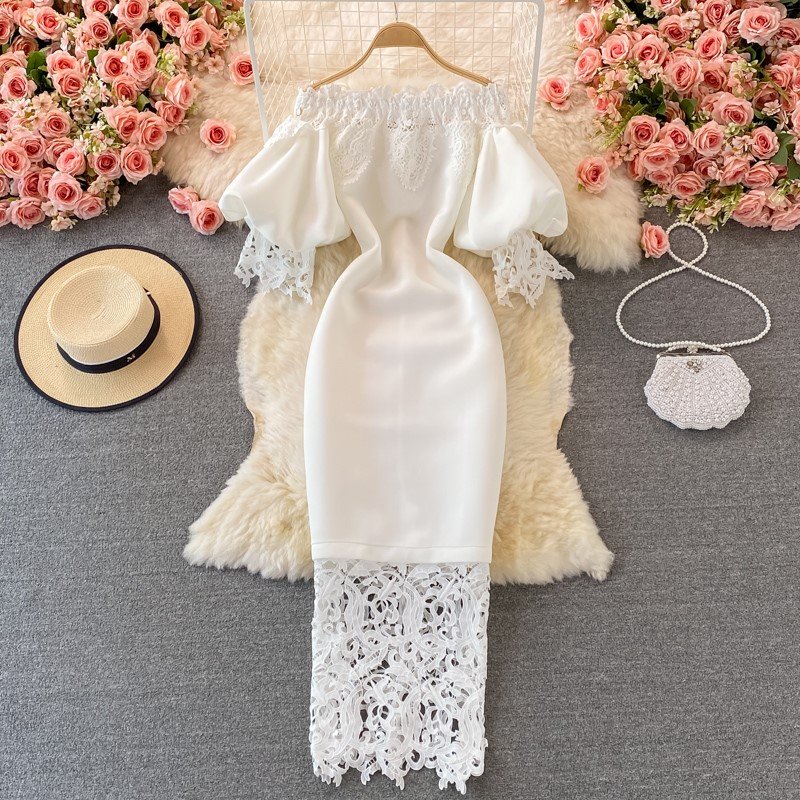 Sexy Hollow Out Lace Bodycon Long Dress Women Elegant Red/Pink/White Boat Neck Patchwork Maxi Party Vestidos 2023 Autumn New