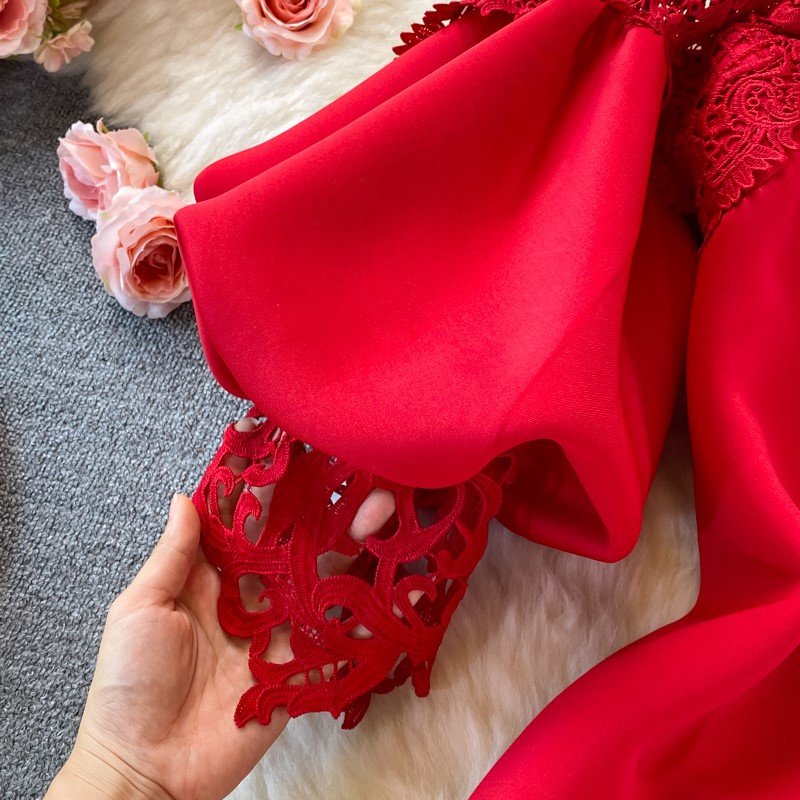 Sexy Hollow Out Lace Bodycon Long Dress Women Elegant Red/Pink/White Boat Neck Patchwork Maxi Party Vestidos 2023 Autumn New