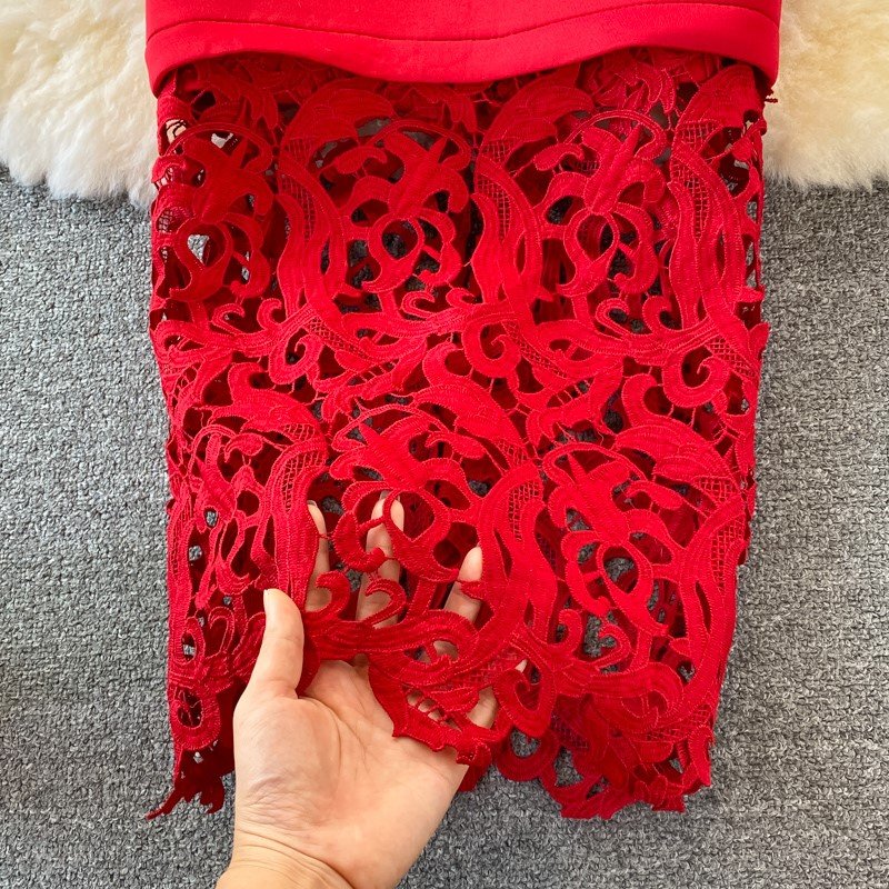 Sexy Hollow Out Lace Bodycon Long Dress Women Elegant Red/Pink/White Boat Neck Patchwork Maxi Party Vestidos 2023 Autumn New