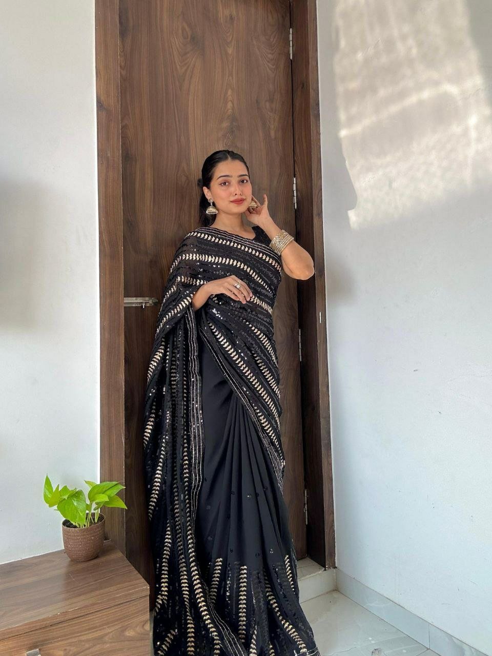 Most Selling Faux Georgette Sequence Saree with Fancy Blouse for Women Wear 2024 latest collection