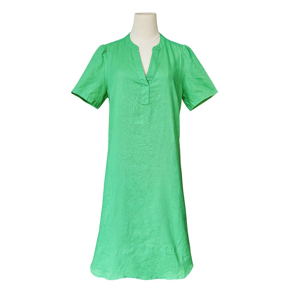 New Hot Sale High Quality Custom Short sleeve comfy ladylike green linen dress with multiple pockets