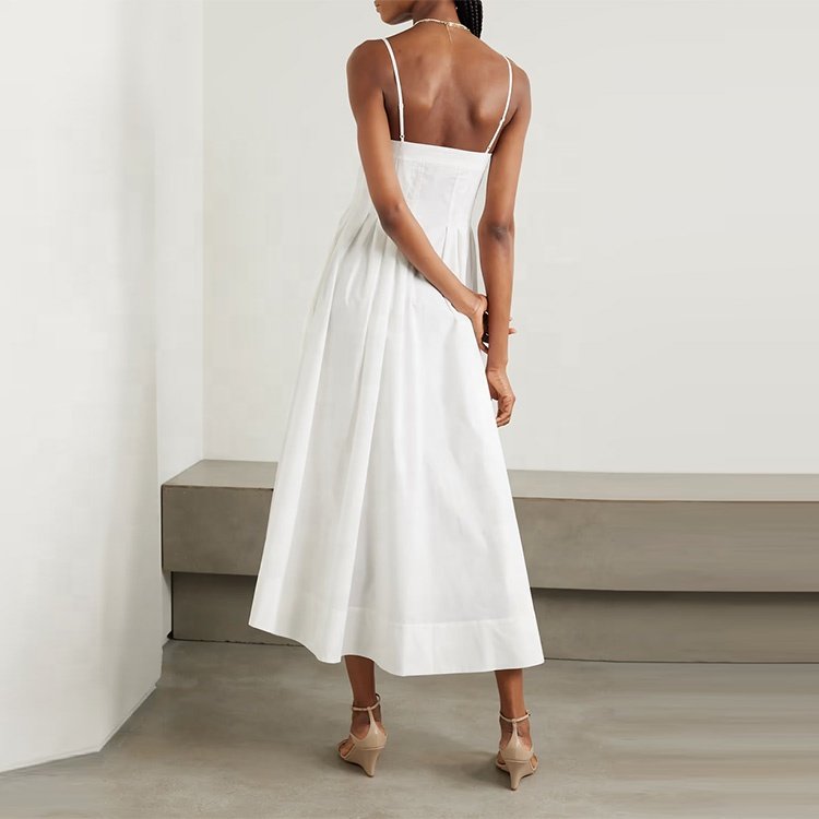 Clothing Manufacturer Custom Spring Summer White Square Neck Sleeveless Elegant casual Pleated Cotton Poplin Midi Women dress