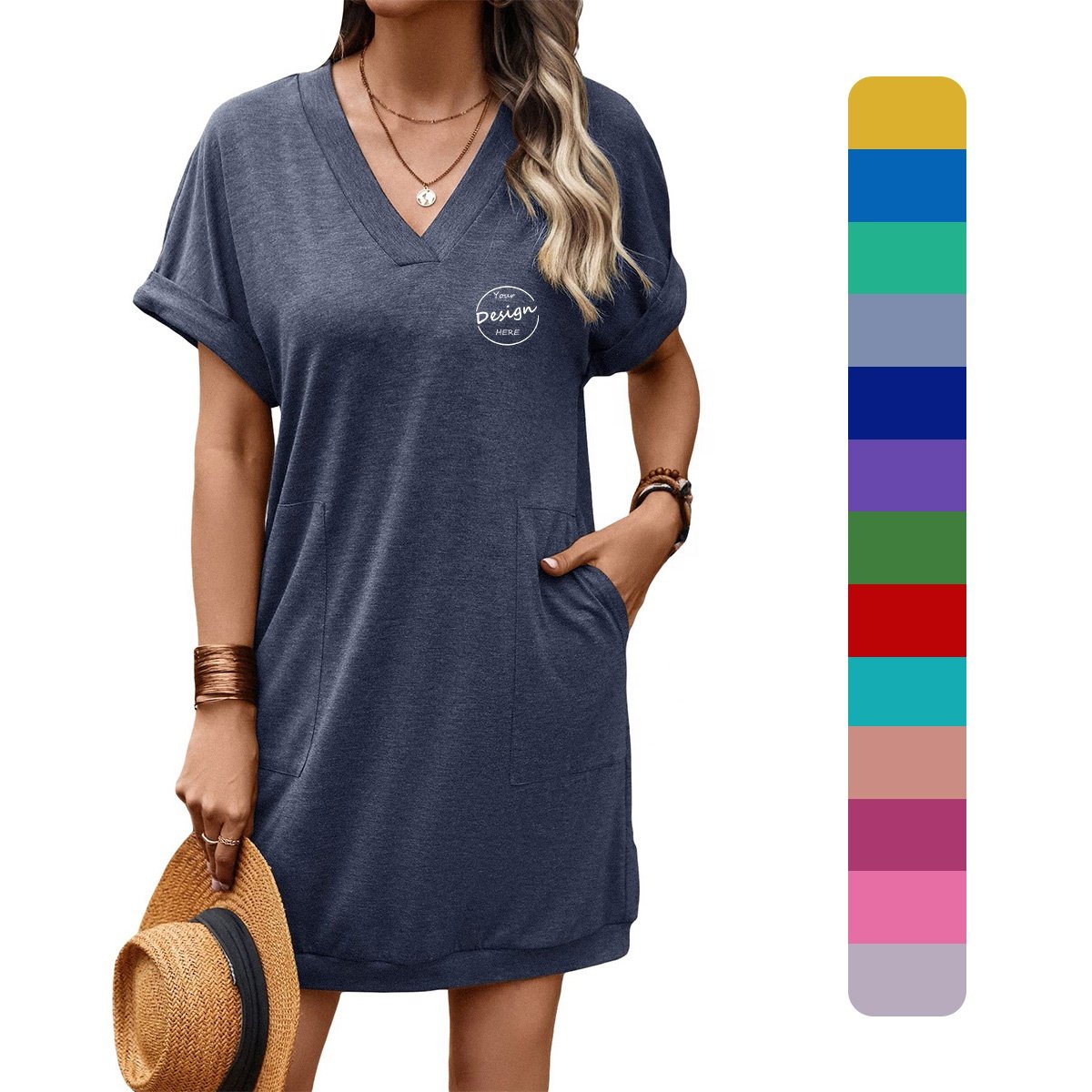 wholesale Cotton Linen V Neck Cuff Hem Oversize Side Pockets Vintage Simple Women V Neck T-shirt Dress