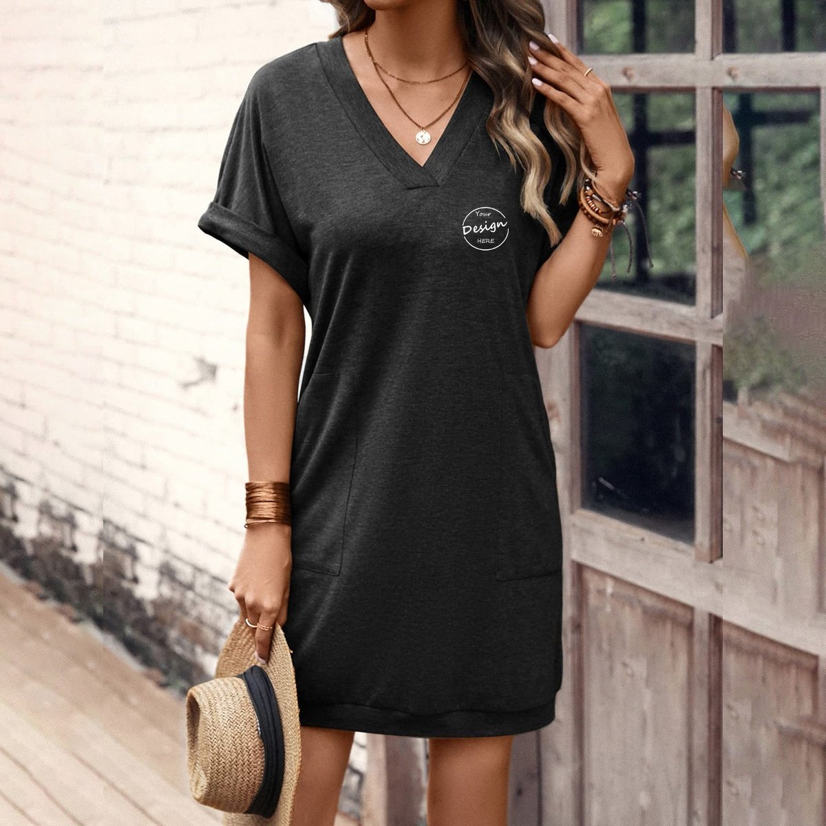 wholesale Cotton Linen V Neck Cuff Hem Oversize Side Pockets Vintage Simple Women V Neck T-shirt Dress