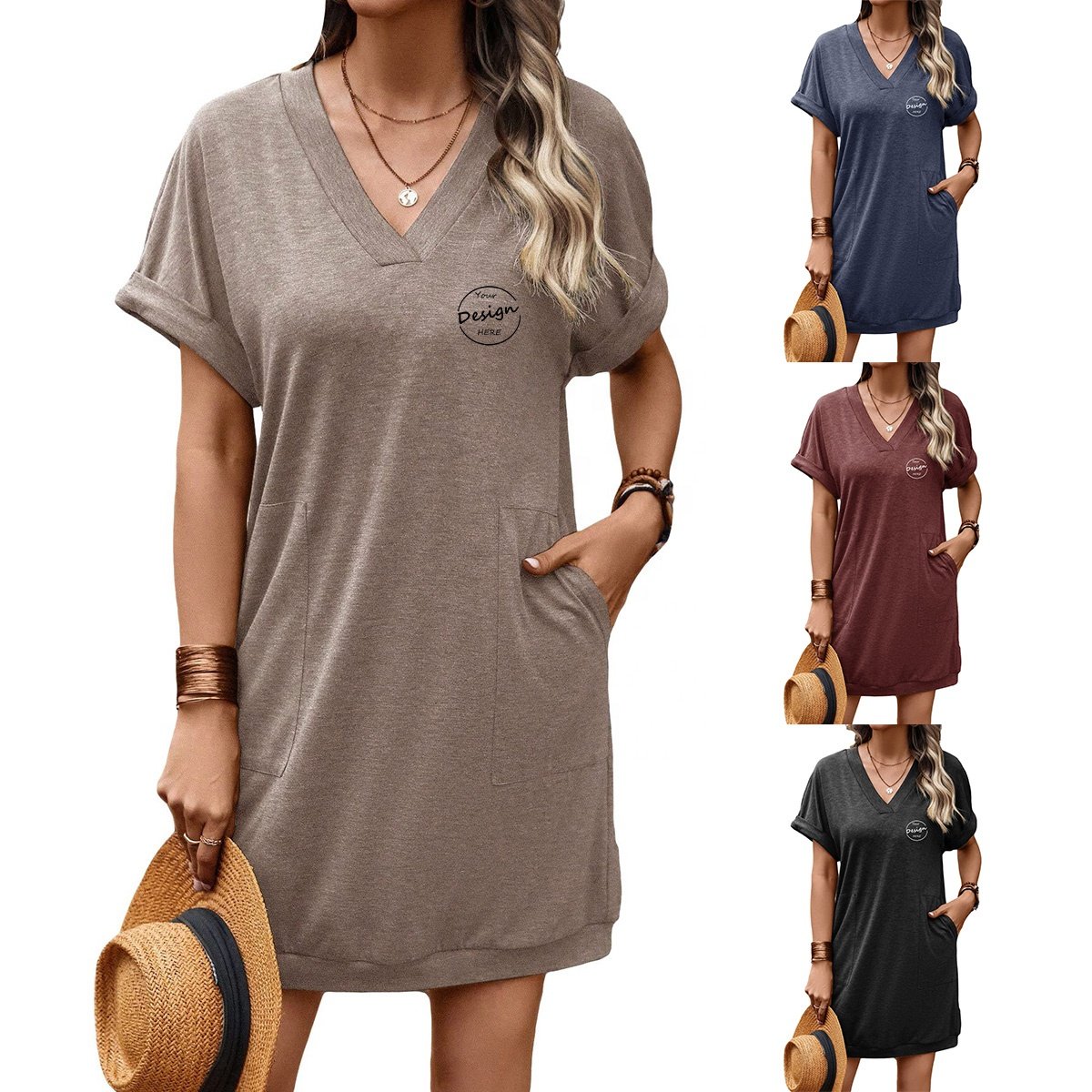 wholesale Cotton Linen V Neck Cuff Hem Oversize Side Pockets Vintage Simple Women V Neck T-shirt Dress