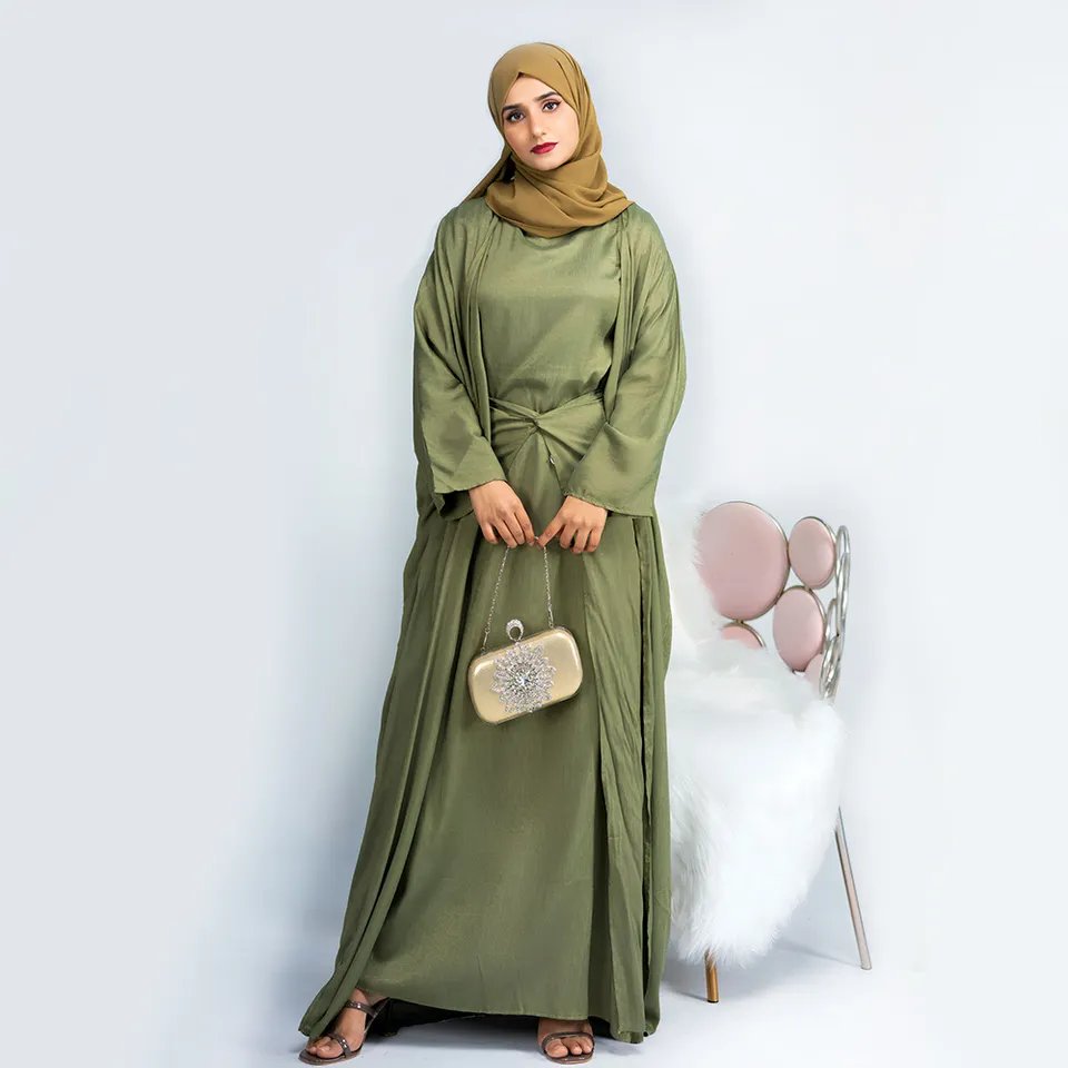 New Arrival Wear Muslim Dress Open Abaya Solid Satin Islamic Luxury Clothing Women Casual Maxi Dress Four Colors High Quality