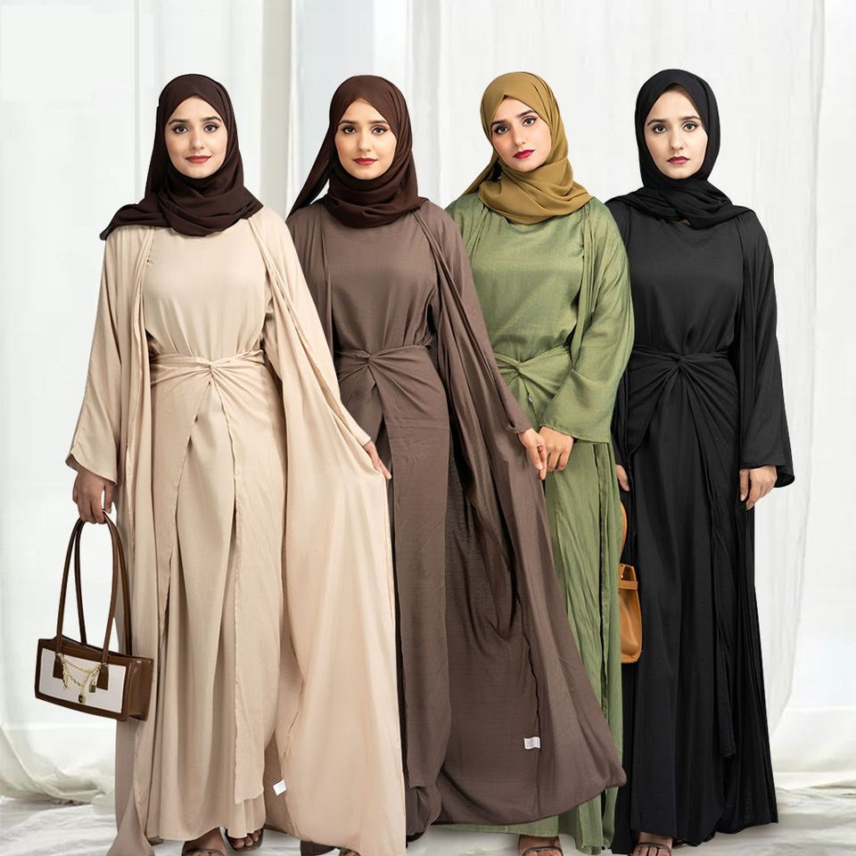 New Arrival Wear Muslim Dress Open Abaya Solid Satin Islamic Luxury Clothing Women Casual Maxi Dress Four Colors High Quality