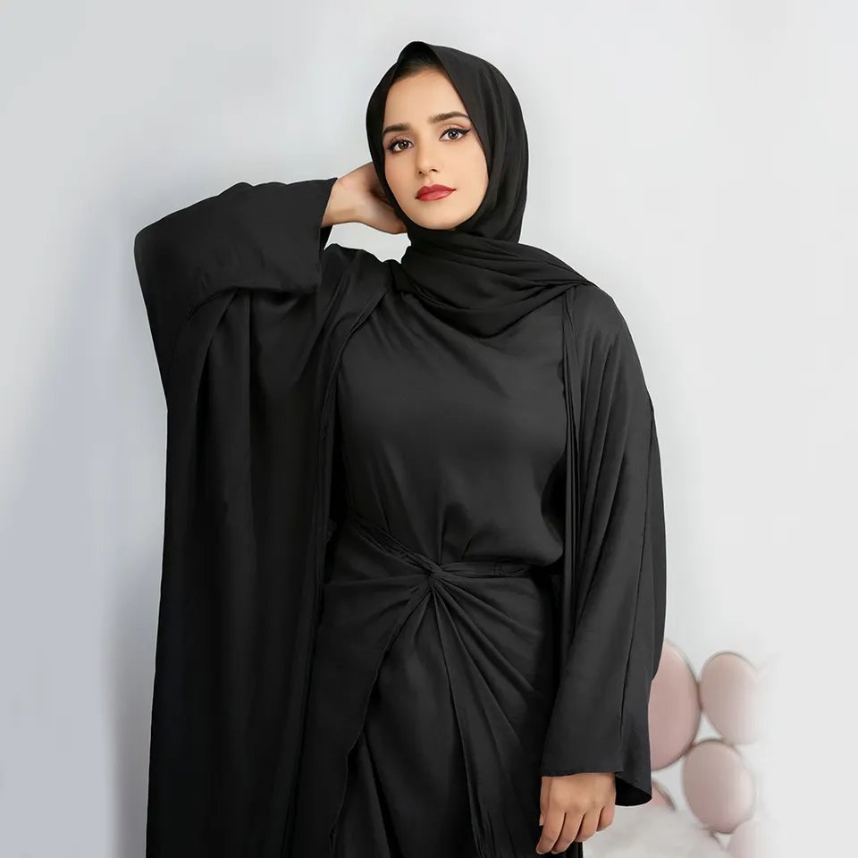New Arrival Wear Muslim Dress Open Abaya Solid Satin Islamic Luxury Clothing Women Casual Maxi Dress Four Colors High Quality