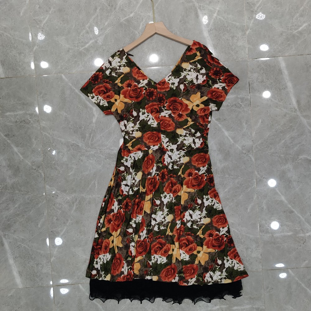 Women Lady Elegant Vintage Dresses V-Neck Floral Print Ruffled Casual Dresses