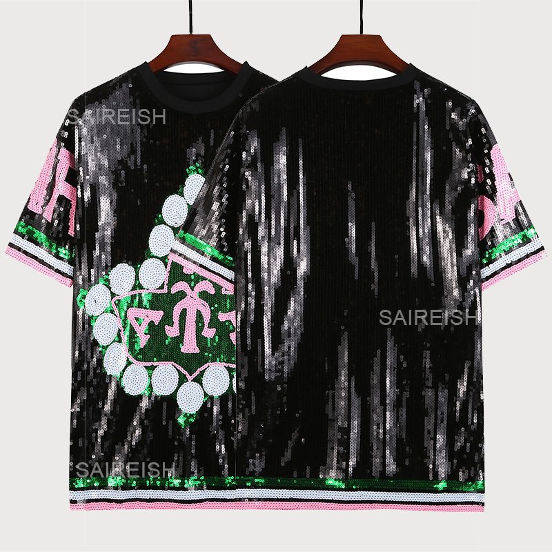 Fashion Green Pink Aka Sorority Apparel Sequin T Shirt Dress Custom Oem Casual Dresses