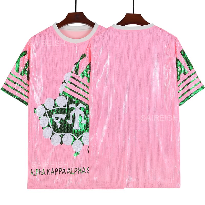 Fashion Green Pink Aka Sorority Apparel Sequin T Shirt Dress Custom Oem Casual Dresses