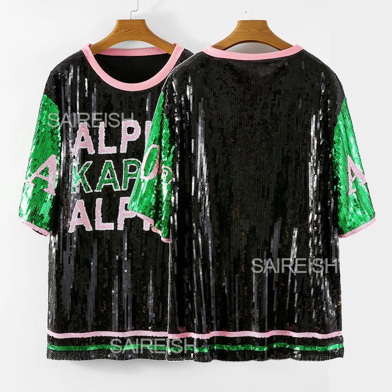 Fashion Green Pink Aka Sorority Apparel Sequin T Shirt Dress Custom Oem Casual Dresses