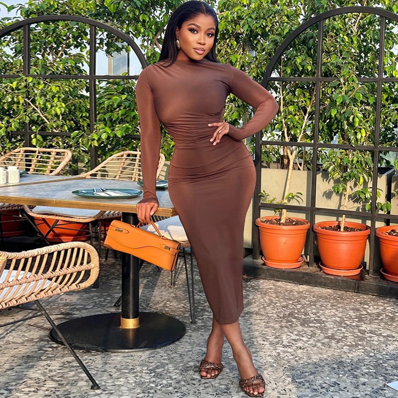 J35030 - quality solid color long sleeve bodycon pleated women elegant casual dresses