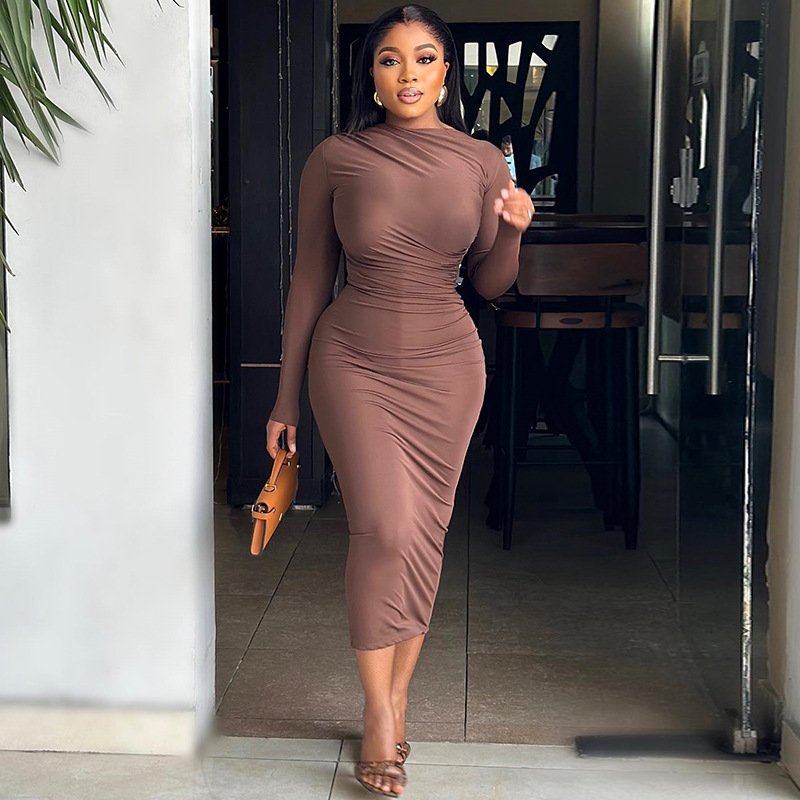 J35030 - quality solid color long sleeve bodycon pleated women elegant casual dresses