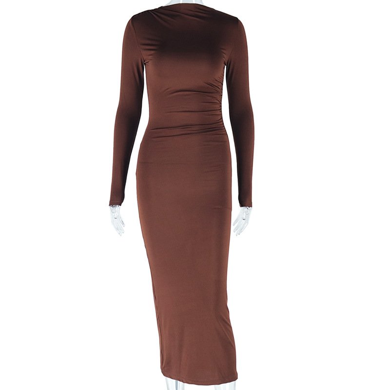 J35030 - quality solid color long sleeve bodycon pleated women elegant casual dresses