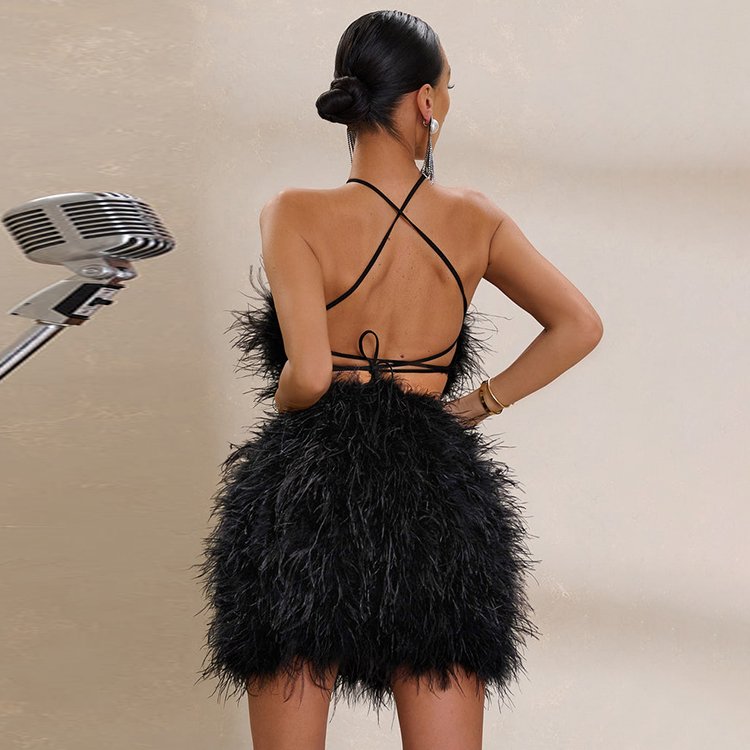 Boutique Wholesale Womens Halter Dresses Feather Tassel Satin Casual Dresses Elegant Party Sexy Dresses Clubwear for women