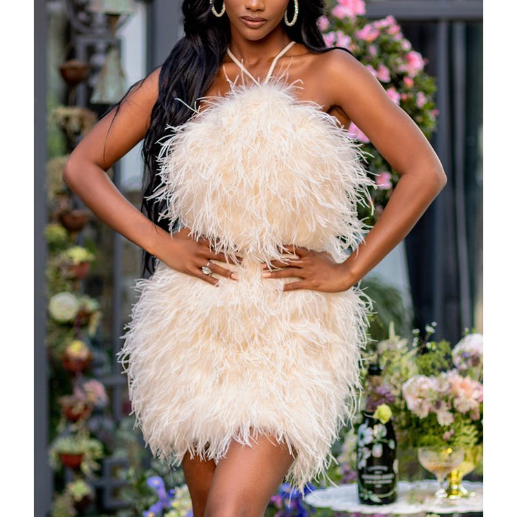 Boutique Wholesale Womens Halter Dresses Feather Tassel Satin Casual Dresses Elegant Party Sexy Dresses Clubwear for women